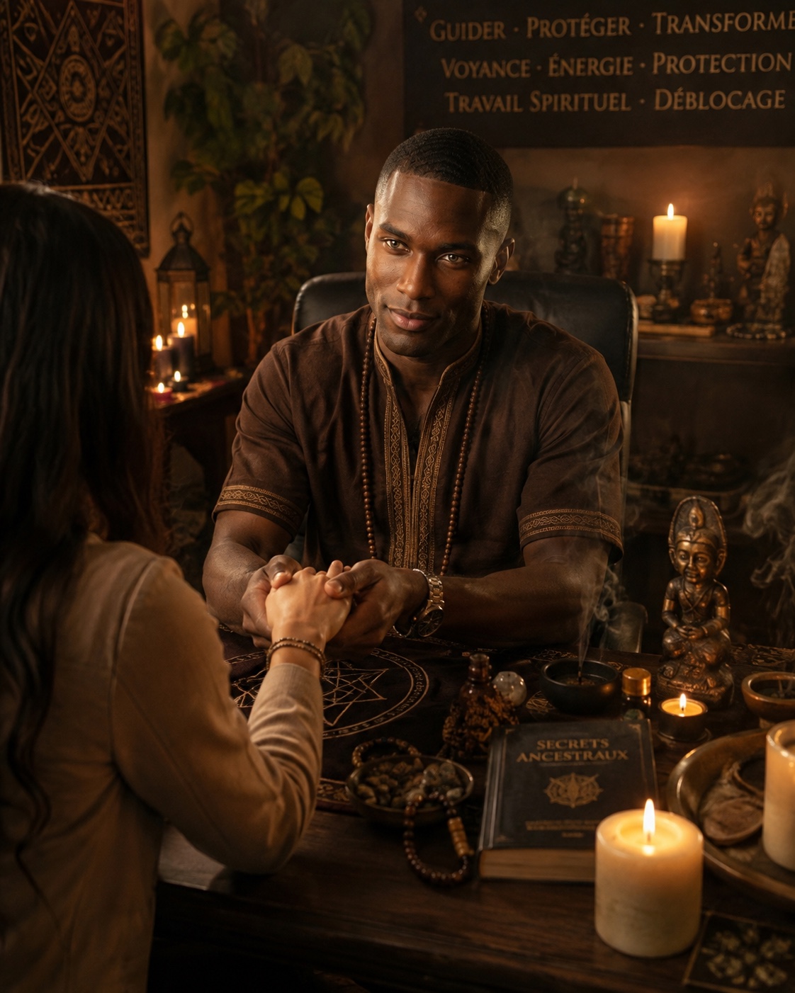 Portrait of Jabari Sterling during a consultation, hands joined with a client, surrounded by candles and ancestral objects